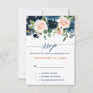 Navy Blue Blush Pink Rose Boho Wedding RSVP Card