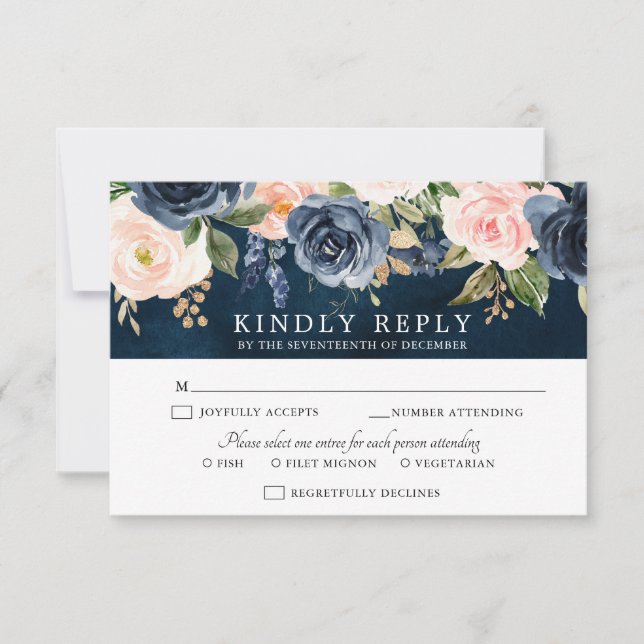 Navy Blue Blush Pink Rose Boho Wedding RSVP Card (Front)