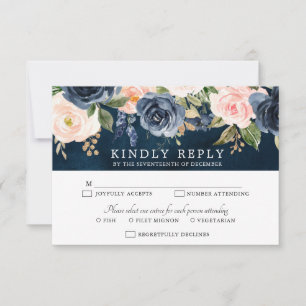 Navy Blue Blush Pink Rose Boho Wedding RSVP Card