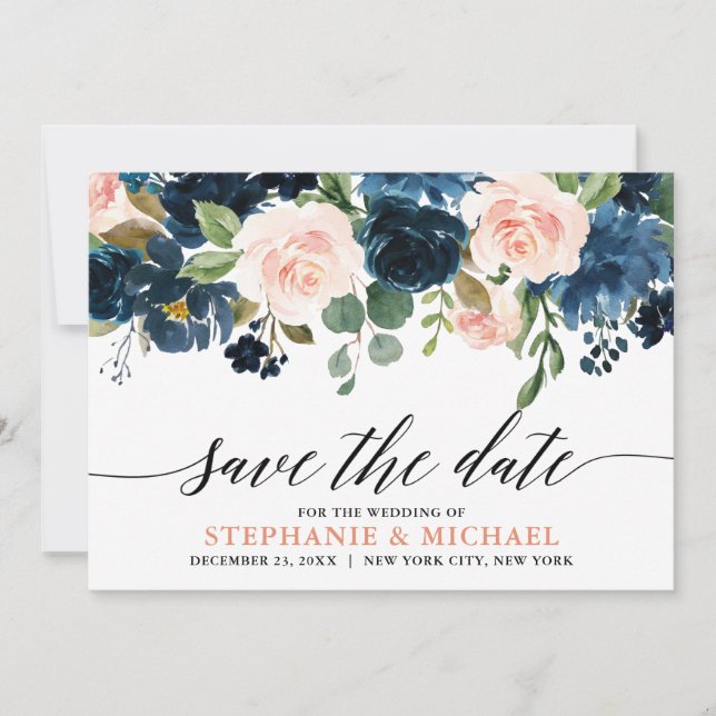 Navy Blue Blush Pink Rose Boho Wedding Save The Date (Front)