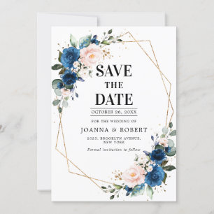 Navy Blue Blush Pink Rose Boho Wedding Save The Date
