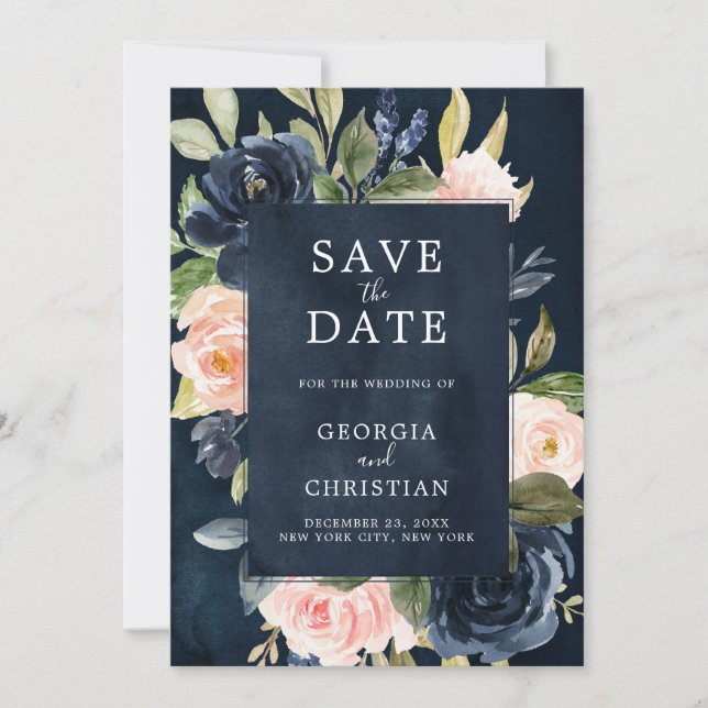 Navy Blue Blush Pink Rose Boho Wedding Save The Date (Front)