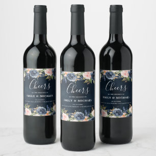 Navy Blue Blush Pink Rose Boho Wedding Wine Label