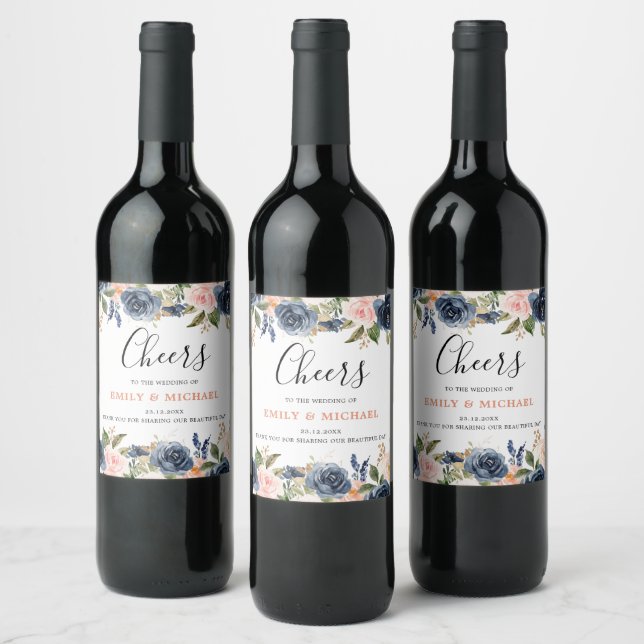 Navy Blue Blush Pink Rose Boho Wedding Wine Label (Bottles)