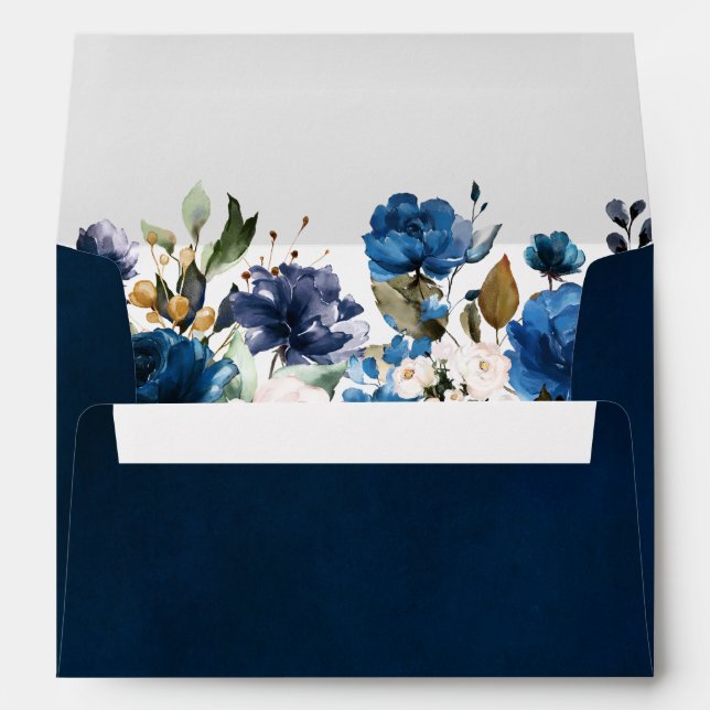 Navy Blue Blush Pink Rose Botanical Address Envelope (Back (Bottom))