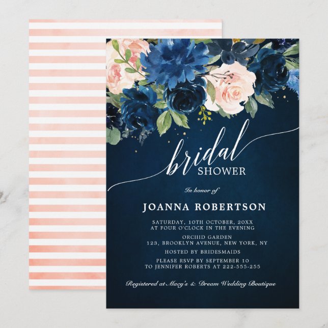 Navy Blue Blush Pink Rose Botanical Bridal Shower Invitation (Front/Back)