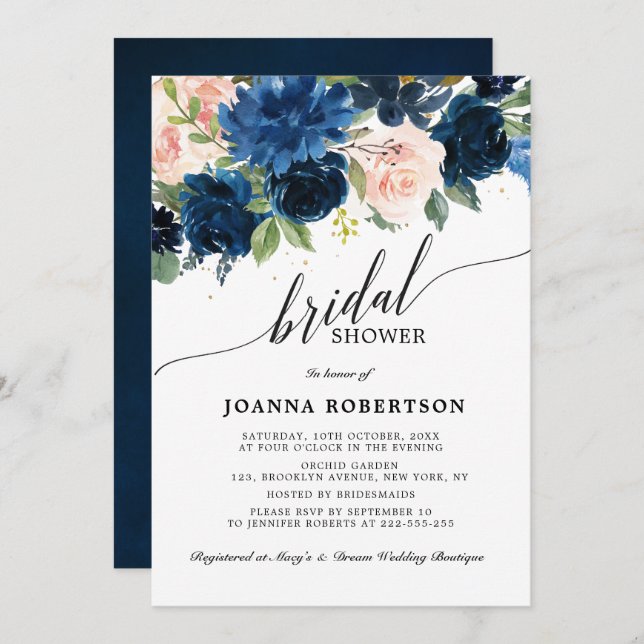 Navy Blue Blush Pink Rose Botanical Bridal Shower Invitation (Front/Back)
