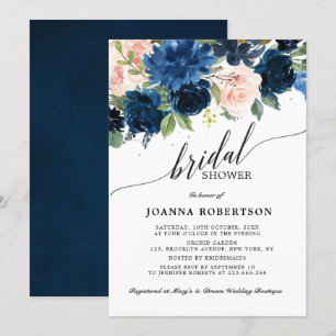 Navy Blue Blush Pink Rose Botanical Bridal Shower Invitation