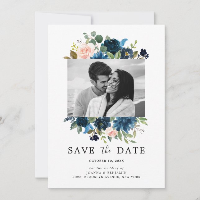 Navy Blue Blush Pink Rose Botanical Photo Save The Date (Front)
