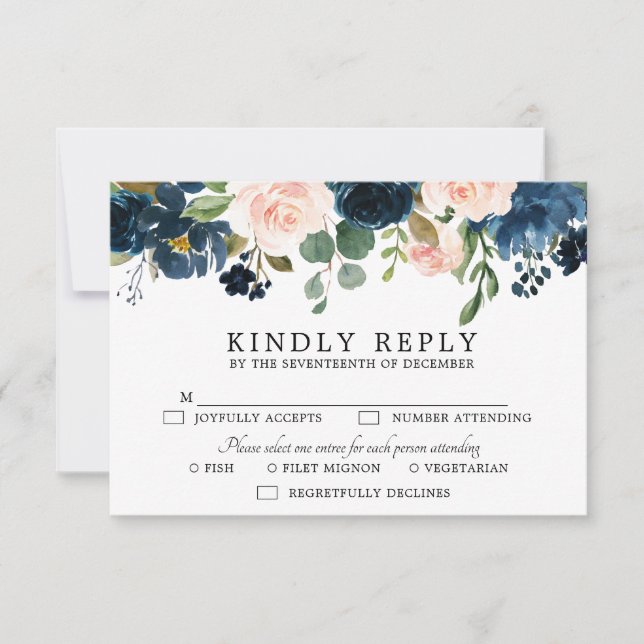 Navy Blue Blush Pink Rose Botanical RSVP Card (Front)