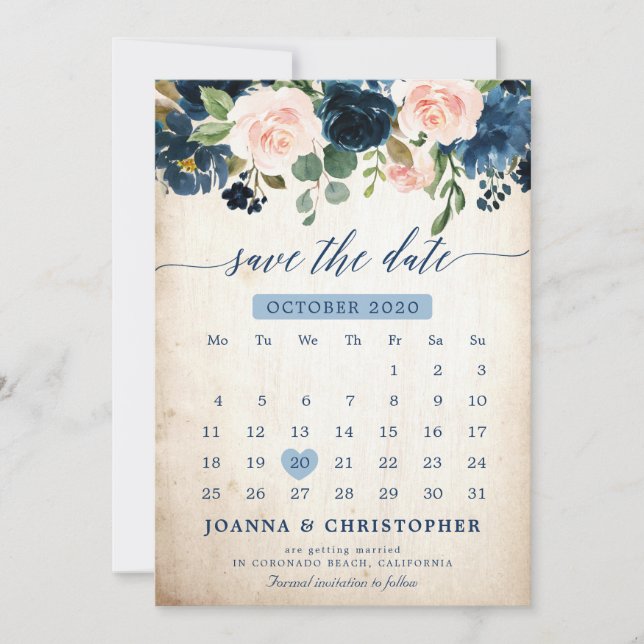 Navy Blue Blush Pink Rose Botanical Save the Date (Front)
