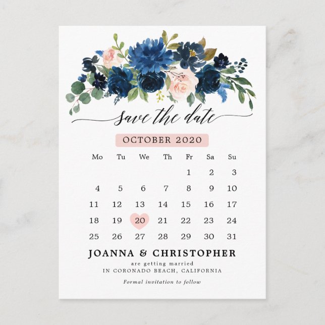Navy Blue Blush Pink Rose Botanical Save the Date Announcement Postcard (Front)