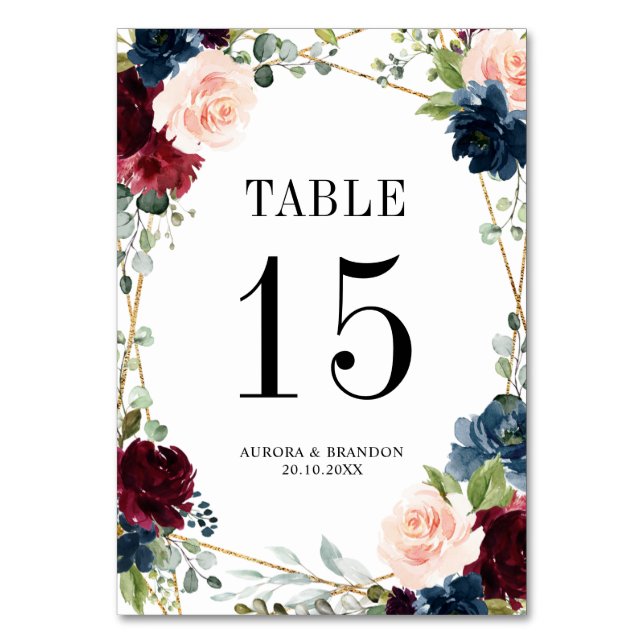 Navy Blue Blush Pink Rose Botanical Table Number (Front)