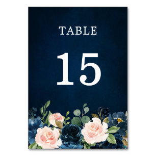 Navy Blue Blush Pink Rose Botanical Table Number