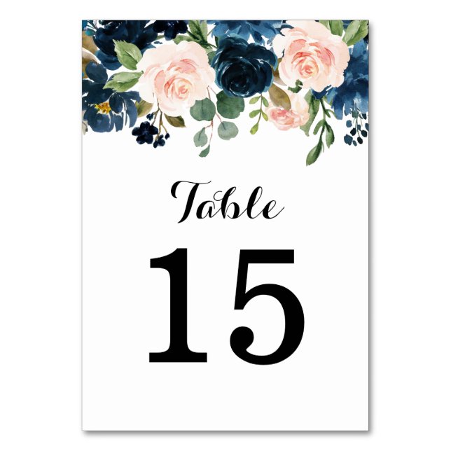Navy Blue Blush Pink Rose Botanical Table Number (Front)