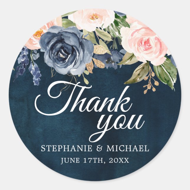 Navy Blue Blush Pink Rose Botanical Thank You Classic Round Sticker (Front)
