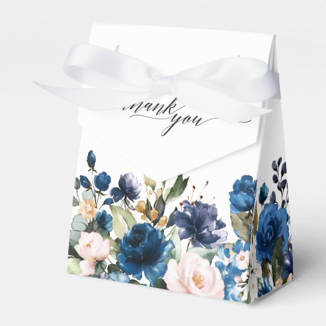 Navy Blue Blush Pink Rose Botanical Wedding Favour Box (Front Side)