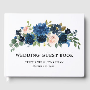 Navy Blue  Blush Pink Rose Botanical Wedding Guest Book
