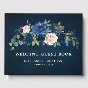 Navy Blue  Blush Pink Rose Botanical Wedding Guest Book