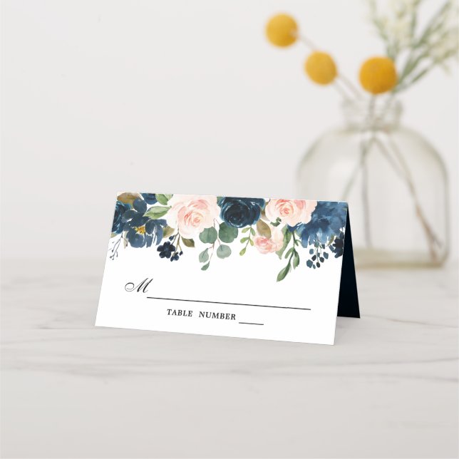 Navy Blue Blush Pink Rose Botanical Wedding Place Card (Front)