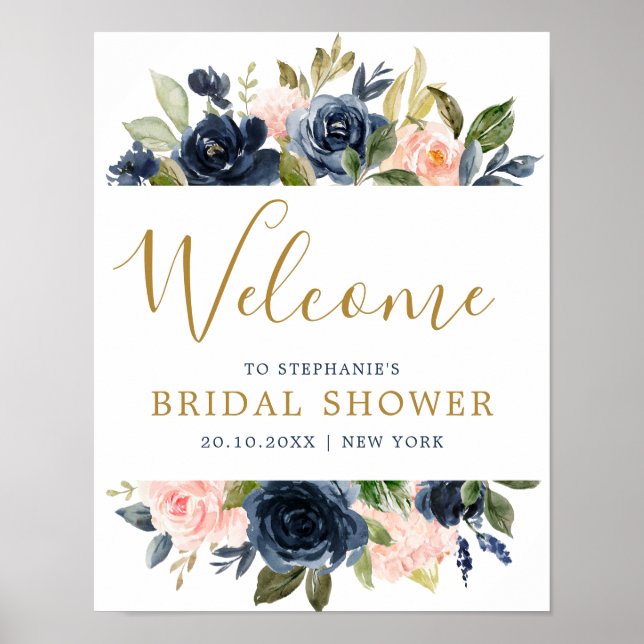 Navy Blue Blush Pink Rose Bridal Shower Welcome Po Poster (Front)