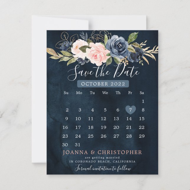 Navy Blue Blush Pink Rose Calendar Save the Date A Announcement (Front)