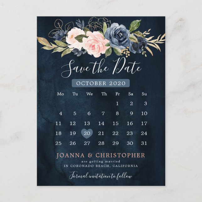 Navy Blue Blush Pink Rose Calendar Save the Date Announcement Postcard (Front)