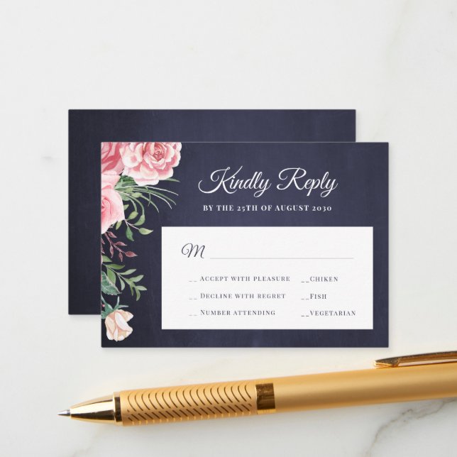 Navy blue blush pink rose chic wedding RSVP Enclosure Card (Front/Back In Situ)