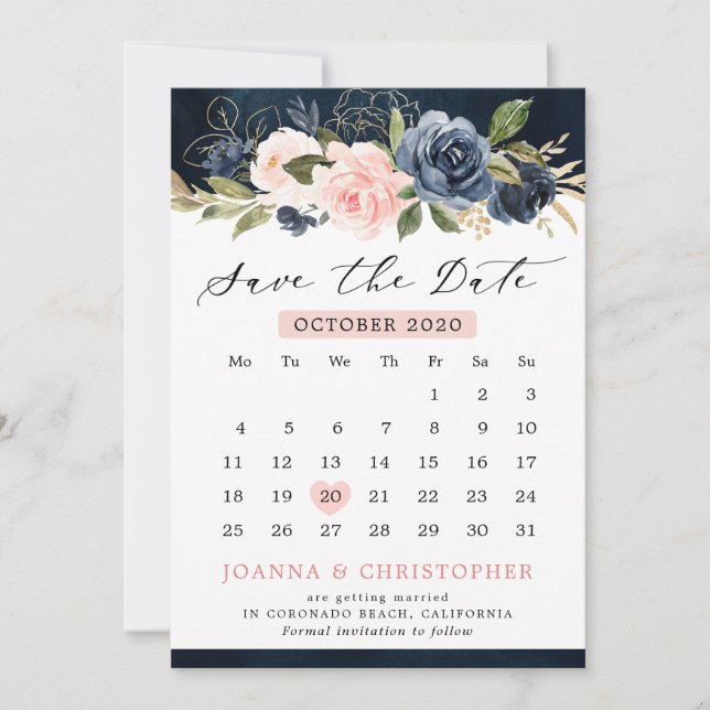 Navy Blue Blush Pink Rose Floral Calendar Save The Date (Front)