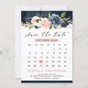 Navy Blue Blush Pink Rose Floral Calendar Save The Date