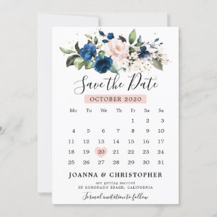 Navy Blue Blush Pink Rose Floral Calendar Save The Date