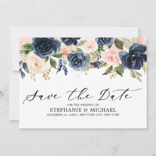 Navy Blue Blush Pink Rose Floral Save The Date