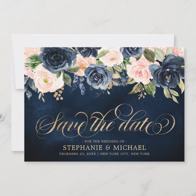 Navy Blue Blush Pink Rose Floral Save The Date (Front)