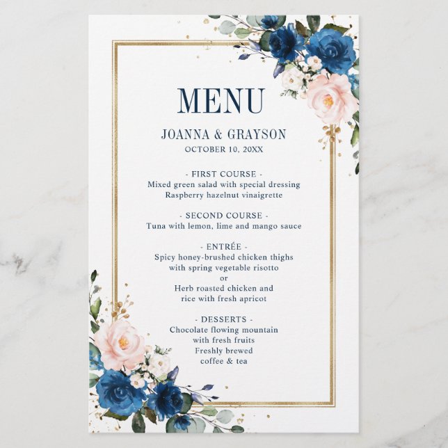 Navy Blue Blush Pink Rose Geometric Wedding Menu (Front)