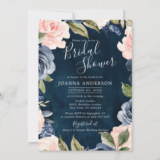 Navy Blue Blush Pink Rose Gold Boho Bridal Shower Invitation (Front)