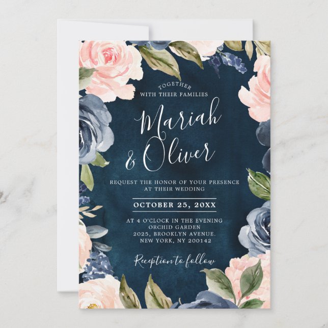 Navy Blue Blush Pink Rose Gold Boho Wedding Invitation (Front)