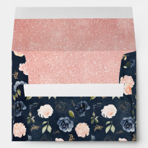 Navy Blue Blush Pink Rose Gold Floral Wedding Envelope
