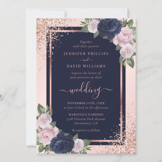 Navy Blue Blush Pink Rose Gold Floral Wedding Invitation (Front)