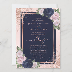 Navy Blue Blush Pink Rose Gold Floral Wedding Invitation