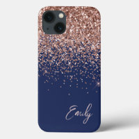 Navy Blue Blush Pink Rose Gold Glitter Monogram