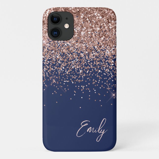 Navy Blue Blush Pink Rose Gold Glitter Monogram Case-Mate iPhone Case (Back)