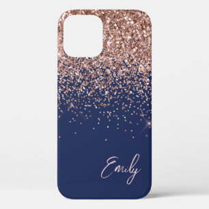 Navy Blue Blush Pink Rose Gold Glitter Monogram iPhone 12 Case