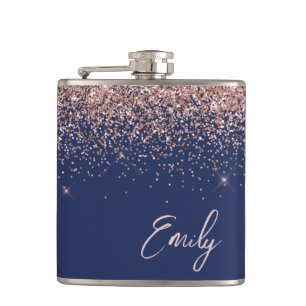 Navy Blue Blush Pink Rose Gold Glitter Monogram Hip Flask