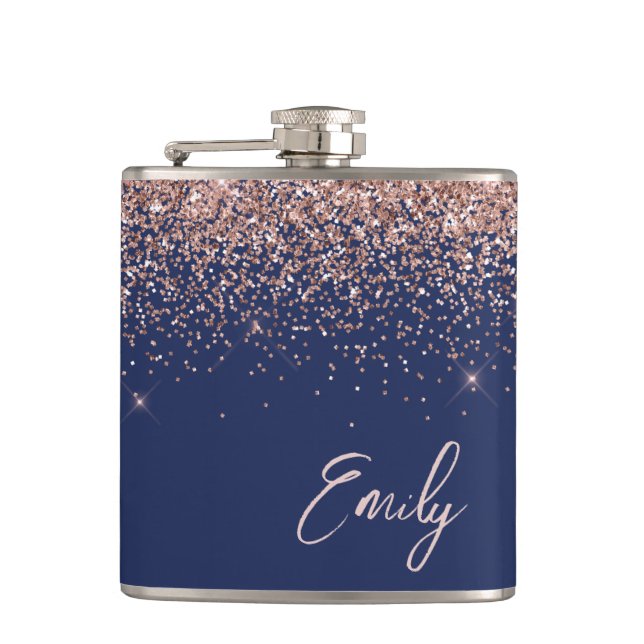 Navy Blue Blush Pink Rose Gold Glitter Monogram Hip Flask (Front)