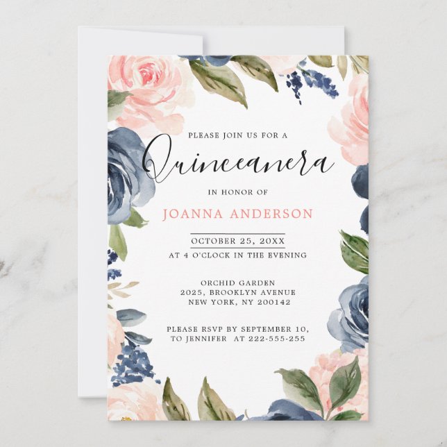 Navy Blue Blush Pink Rose Quinceanera Invitation (Front)