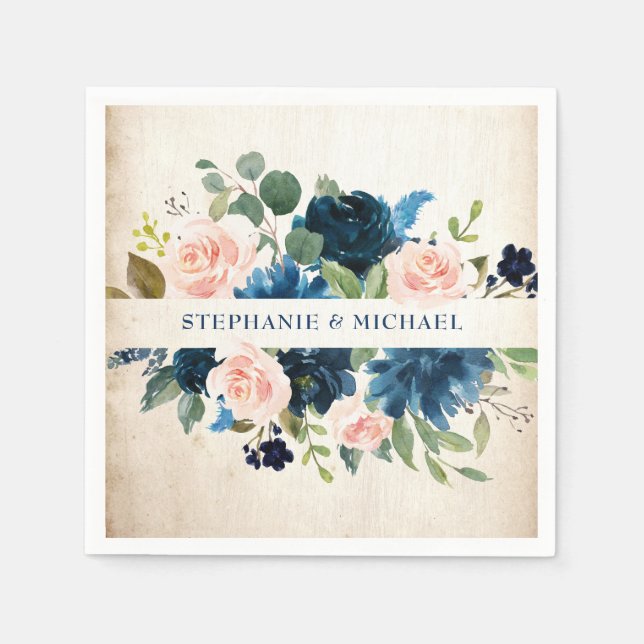Navy Blue Blush Pink Rose Rustic Boho Wedding Napkin (Front)
