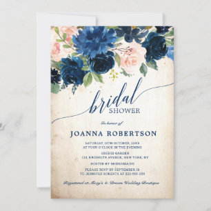 Navy Blue Blush Pink Rose Rustic Bridal Shower Invitation