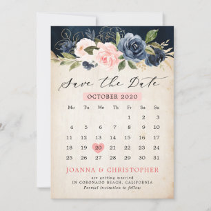 Navy Blue Blush Pink Rose Rustic country Calendar Save The Date