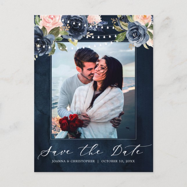 Navy Blue Blush Pink Rose String lights Photo Announcement Postcard (Front)