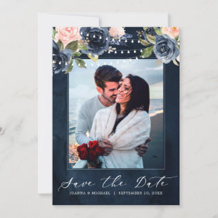 Navy Blue Blush Pink Rose String lights Photo Save The Date